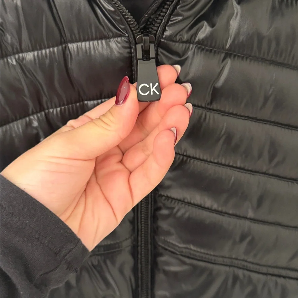 Calvin Klein Performance Women Black Hooded Puffer‎ Jacket Faux Fur Trim Zip